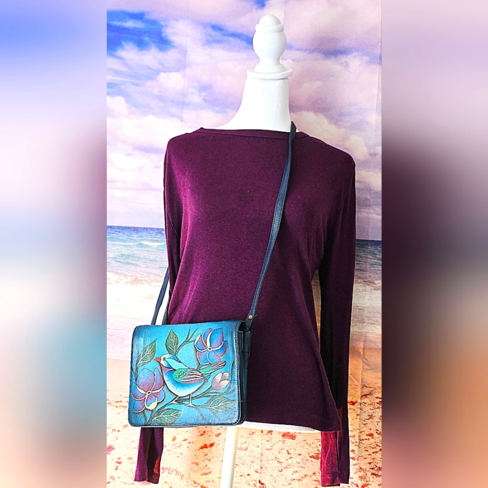 Hand-Painted ANUSCHKA Rare Blue Bird and Floral Flap Over Bag